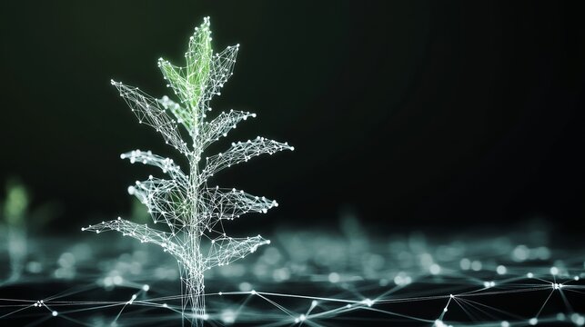 Digital tree sprouting with glowing network connections represents growth innovation and technology in a vibrant, modern design concept