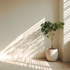 Potted green plant casting shadows on a light wall and tiled floor potted plant green leaves