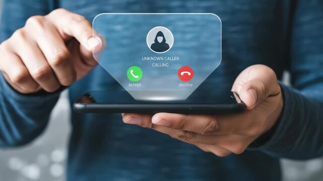 Person holding smartphone with unknown caller id displayed on a holographic screen