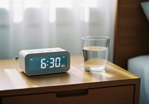 Digital alarm clock at 6:30 AM and glass of water on nightstand - Powered by Adobe