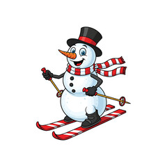 Cartoon snowman skiing isolated on, winter holiday activity
