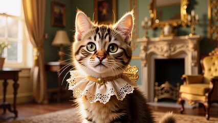 Aristocratic tabby kitten with a golden lace ruff collar posing in an opulent Victorian-style palace interior with ornate furnishings and fireplace.