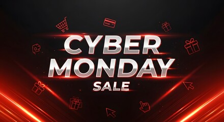 Cyber monday sale banner with red light and abstract symbols in dark background