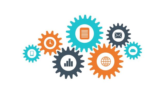 Business Process and Workflow System with Interlocking Gears and Icons vector, Integrated Workflow with Iconic Gears, Animated Working Gears System Technology Network Icons on White Background