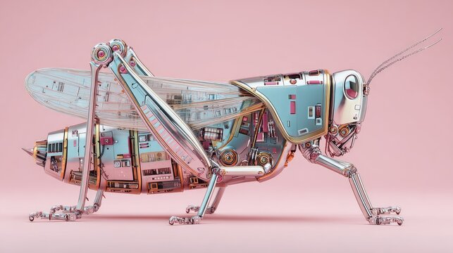 Futuristic Robotic Grasshopper Design Melding Nature and Technology with Intricate Mechanical Details and a Soft Pink Background for Creative Projects