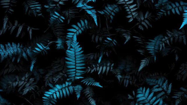 Glowing blue fern leaves with dark background. Enchanting jungle flora pattern with neon highlight. Nature background with plant foliage.