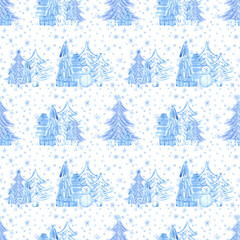 Hand drawn watercolor blue Christmas trees presents snowman and snowflakes seamless pattern. Illustration isolated on white background. Can be used for textile wrapping fabric other printed products.