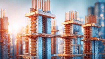 Concrete columns with exposed rebar under construction, illuminated by soft sunlight with a blurred cityscape background.