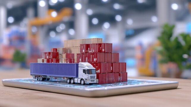 A miniature cargo truck and stacked shipping containers sit atop a tablet, symbolizing digital logistics and supply chain management.