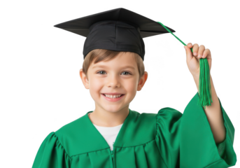Joyful young graduate proudly displays academic achievement in a green cap and gown celebrating educational milestone with a bright smile