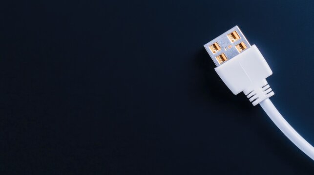 Close-up exploration of a white RJ45 network cable against a sleek black background highlighting connectivity and technology