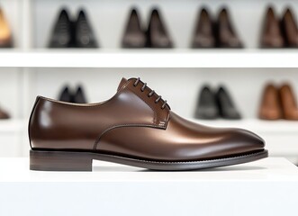 Brown leather dress shoes elegantly showcased in a luxury men's fashion store