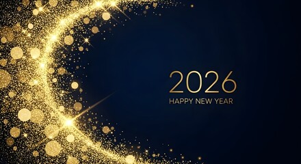 Golden glittering swirl with 2026 happy new year text on dark blue background