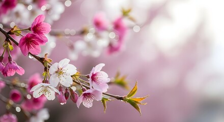 Obraz premium Pink and white cherry blossoms with water drops on a spring branch.