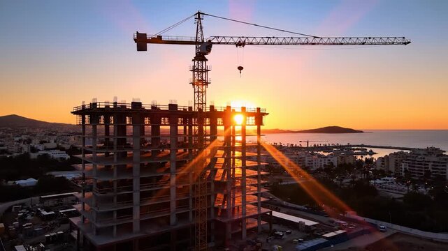 A construction site features a tall crane active at sunset, framing the building's structure against the sky. The setting sun illuminates the crane and the rising building, creatin