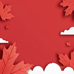 Red maple leaves and white clouds on a red background autumn fall