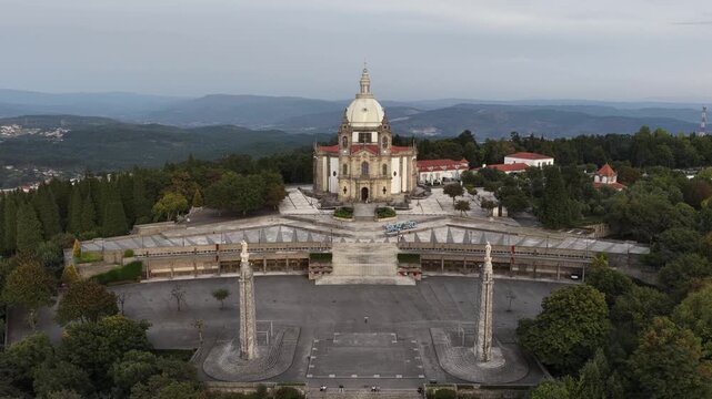 Sameiro Sanctuary in Braga. Drone rocket move backwards