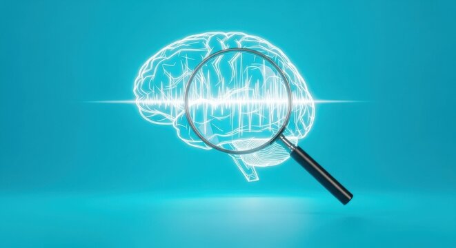 Brain research analysis concept with magnifying glass and brain scan
