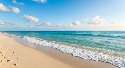 Idyllic tropical beach scene with turquoise ocean and blue sky