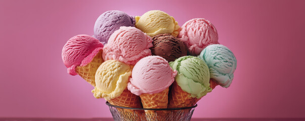 Assorted ice cream scoops in waffle cones arranged in a decorative bowl against a pink background