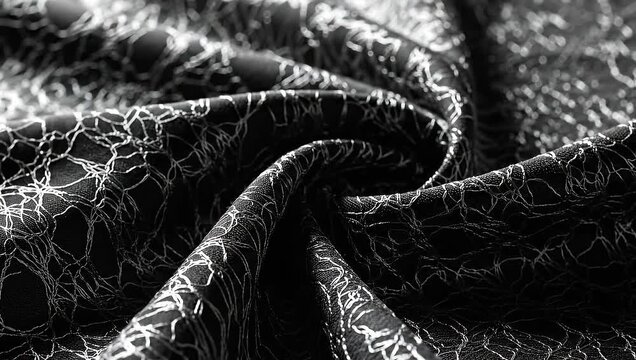 Elegant Black and White Fabric with Intricate Swirls and Folds, a Luxurious Textile Background.