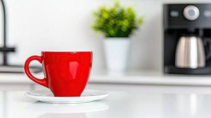 Contemporary kitchen setup featuring a stylish black coffee machine and a vibrant red cup on a pristine white table