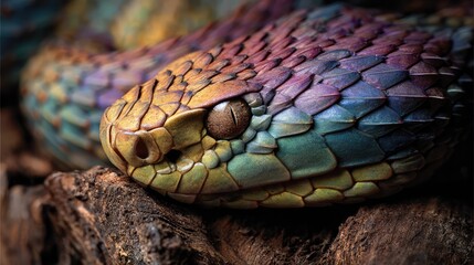 Fototapeta premium Colorful iridescent snake resting on textured wood, featuring intricate scales, showcasing vibrant hues of green, blue, purple, and yellow in a natural setting, highlighting unique reptilian beauty