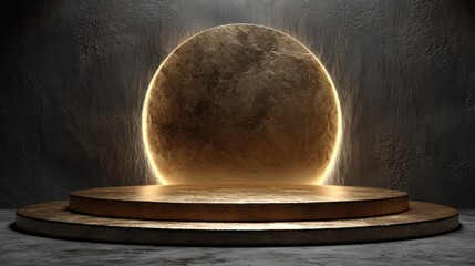 Illuminated Display: A radiant golden backdrop with an enlightened podium, perfect for presentations or showcases, against a textured surface, projecting elegance and exclusivity.