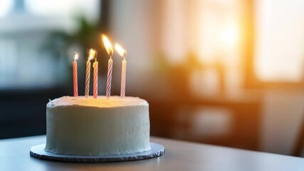 Celebration cake with five lit candles on a tabletop in warm light