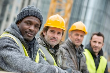 Diverse construction workers group smiling at building site