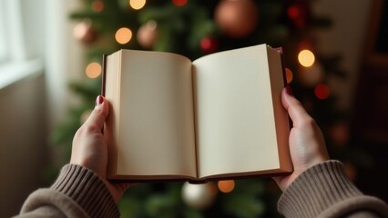 Festive book mockup, Female hands holding of open book, blurred Christmas background with decorated tree, warm colors, cozy atmosphere, modern style, empty space for text or New year congratulations