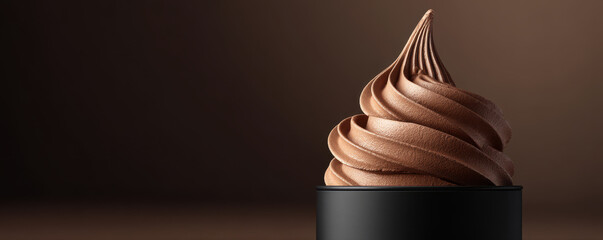 Rich and creamy chocolate soft serve ice cream in a black cup against a smooth brown background