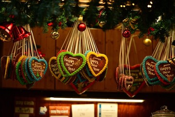 16,11,2025 Bigmingham, UK, Heart-Shaped Gingerbread Cookies Hanging at Festive Christmas Market Stall