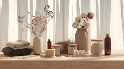 Spa Style Natural Home Decor With Dried Flowers, Linen Vase, Towels, Candles, And Glass Jars For Calm Wellness, Rustic Aesthetic And Cozy Relaxation Space