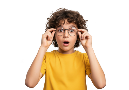 Young boy with curly hair and glasses expresses astonishment with wide eyes and open mouth against a black background