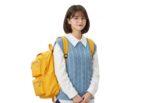 A young girl with short brown hair and a bright yellow backpack stands against a black background looking towards the camera