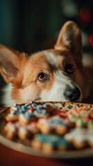 Corgi At Party Cake - Adorable Dog Resting Its Nose On Colorful Decorated Cookies And Cake Plate In Cozy Home, Evoking Cute Pet Moments And Family Celebration Vibes