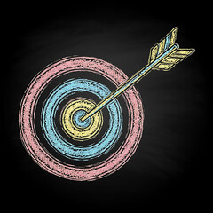 Vintage Chalkboard Graphic: Achievement, Strategy, and Marketing Objective Concept, Creative Doodle Illustration of an Archery Target with a Hit Arrow, mission concepts in an educational or creative.