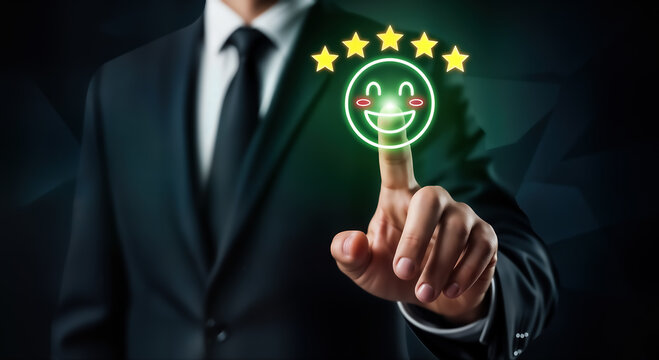 A businessman in a suit is shown touching a digital interface displaying a smiling face surrounded by five stars, symbolizing positive feedback and excellent customer satisfaction