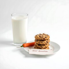 A glass of milk with cookies and a carrot for santa on a white background in a studio shot