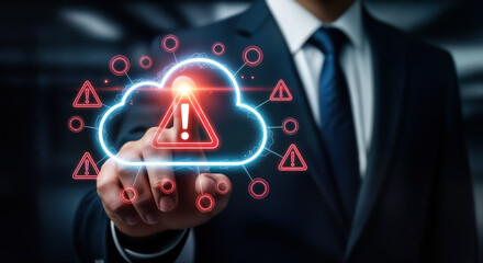 A businessman points to a digital cloud with a red exclamation mark inside, surrounded by red warning signs and virus icons, symbolizing a cyber security threat to cloud data