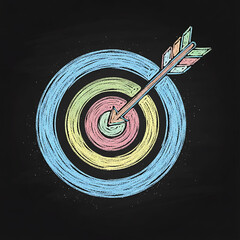 Hand-Drawn Colorful Chalk Target and Arrow on Blackboard for Business Goal, Vibrant Vector Sketch of a Bullseye Symbolizing Accuracy and Success, goals, targets, success, strategy, marketing.
