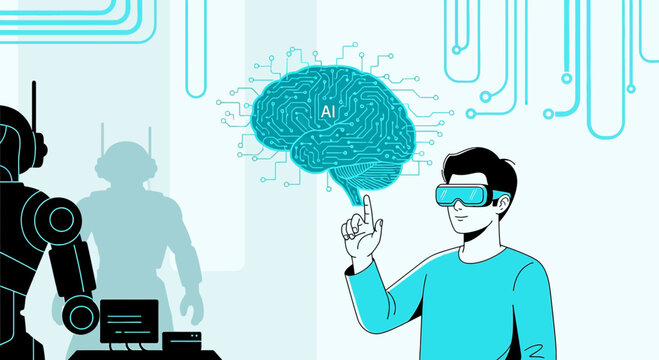 Human interaction with artificial intelligence in virtual reality environment depicted with