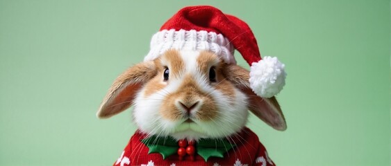 Cute brown and white rabbit wearing a red Christmas sweater and Santa hat posing on mint green background.