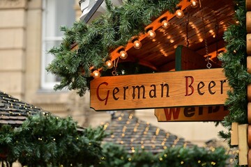 16,11,2025 Bigmingham, UK German Beer Stall at Festive Christmas Market with Decorations