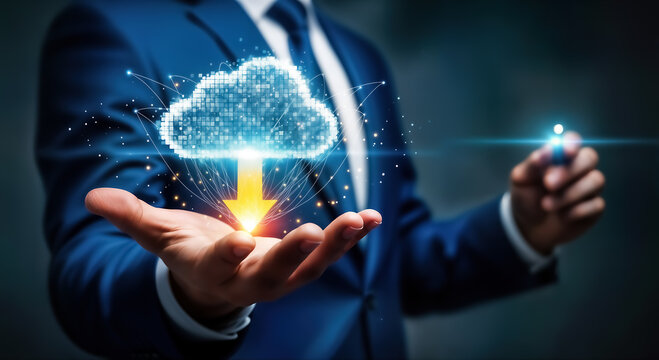 A businessman in a suit holds a digital cloud with a download arrow, symbolizing cloud computing, data storage, and online services in the modern digital age