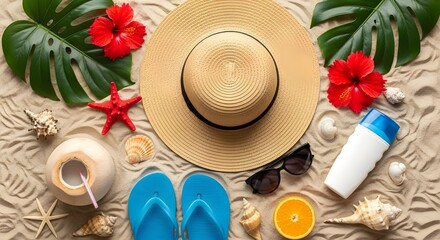 Tropical beach vacation flat lay with summer essentials on sand