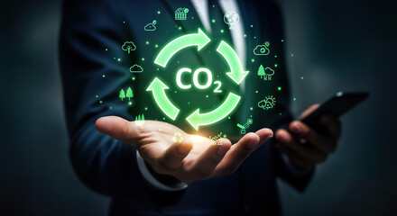 A businessman holds a glowing co2 recycling symbol in his hand, representing the concept of carbon neutrality and the importance of reducing carbon emissions for a sustainable future