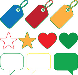 Blue red orange tags green star heart speech bubbles label price vector illustration EPS file download.
