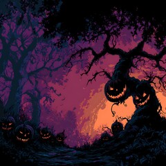 Spooky Halloween forest scene with carved jack o lanterns on trees and ground at dusk pumpkin